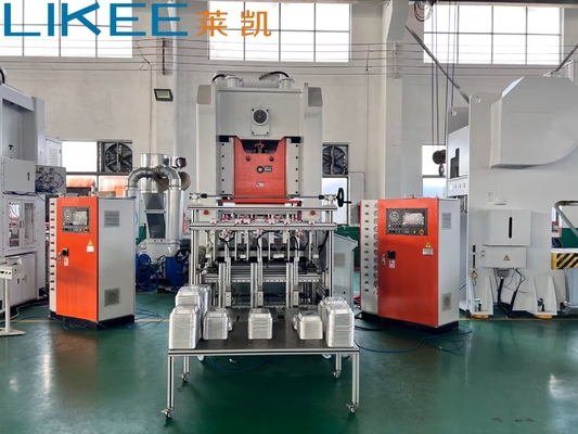 Máy làm khay nhôm lá với bộ xếp 3 hàng T63 Máy làm khay 3 khoang